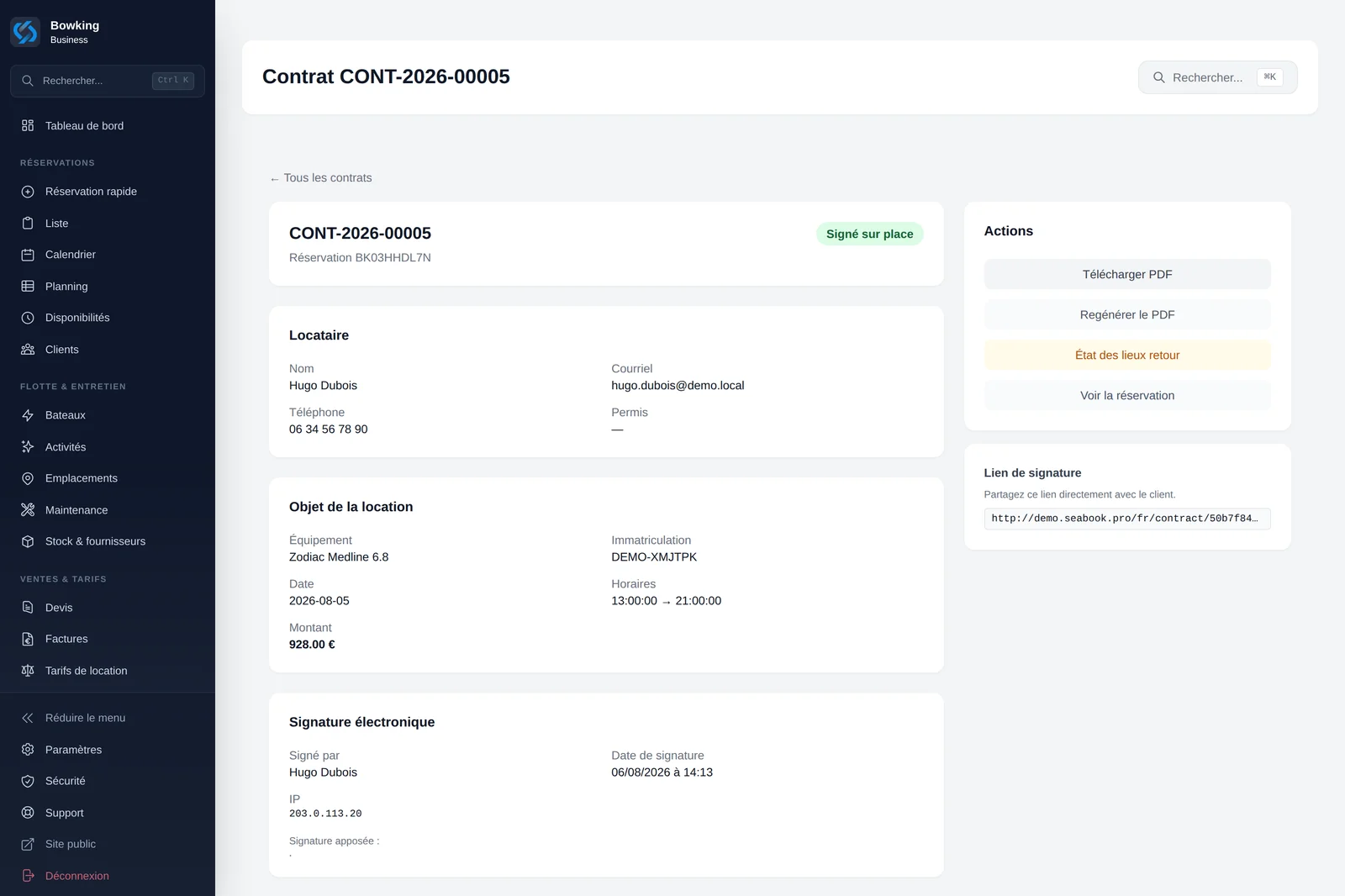 Détail d'un contrat signé : locataire, objet de la location, bloc de signature électronique avec nom, date et adresse IP