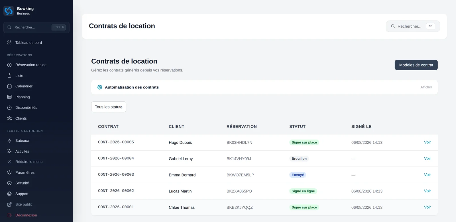 Liste des contrats de location dans SeaBook, avec leur statut de signature et leur date
