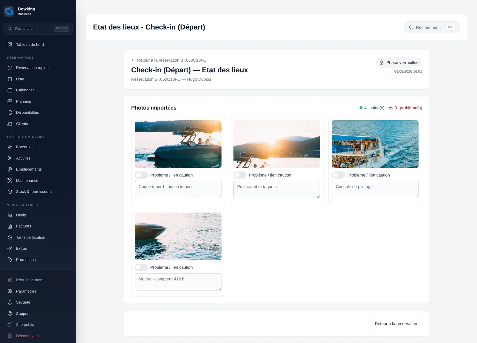 État des lieux au départ : photos du bateau importées, chacune avec sa description, phase verrouillée après validation