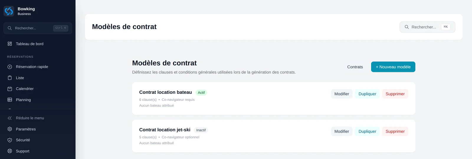 Liste des modèles de contrat de location configurables